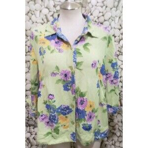 Emma James Liz Claiborne Top Womens Size 12 Floral Green Linen Rayon Button Up